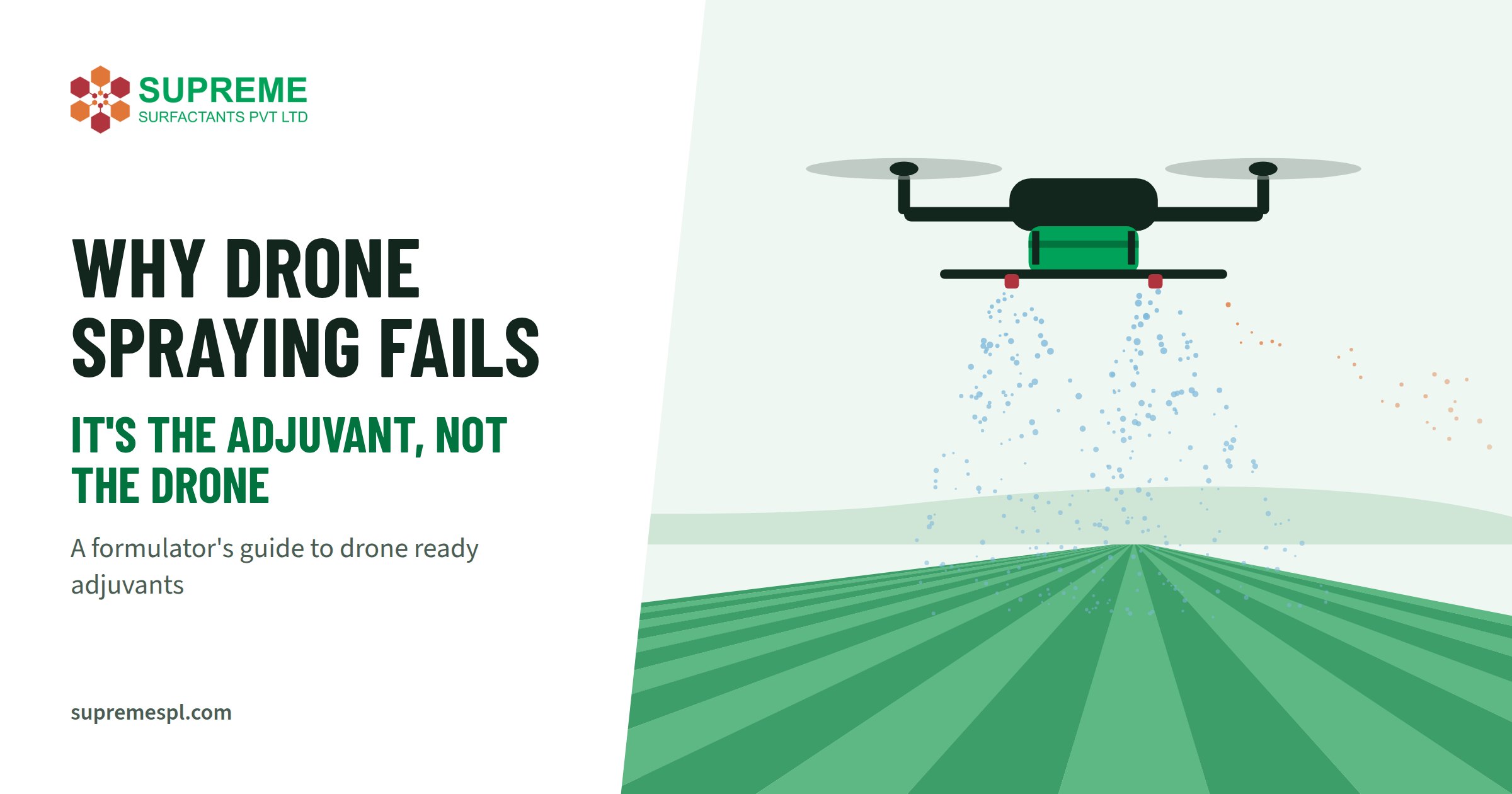 Agricultural spray drone releasing fine droplets over a crop field, with some droplets drifting off target