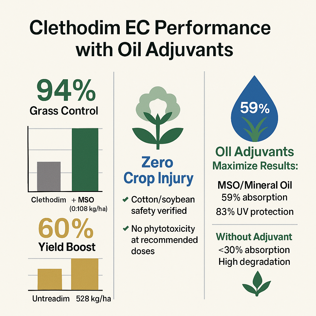SUPROL V101 Clethodim 24% EC with oil-based adjuvant system showing grass weed control and healthy soybean and cotton crops